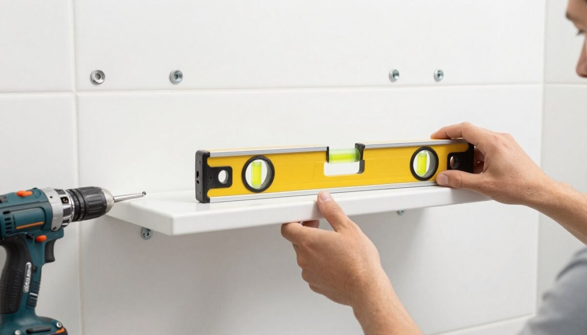 Person using level tool installing floating shelf on bathroom wall