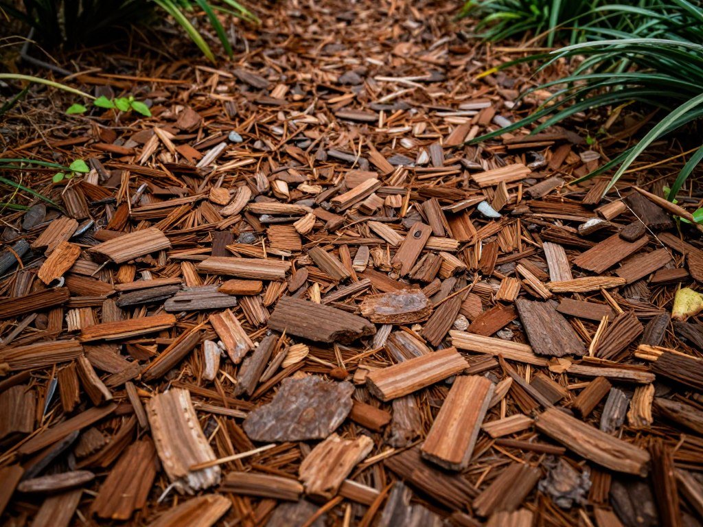 Pine bark nugget pathway through garden