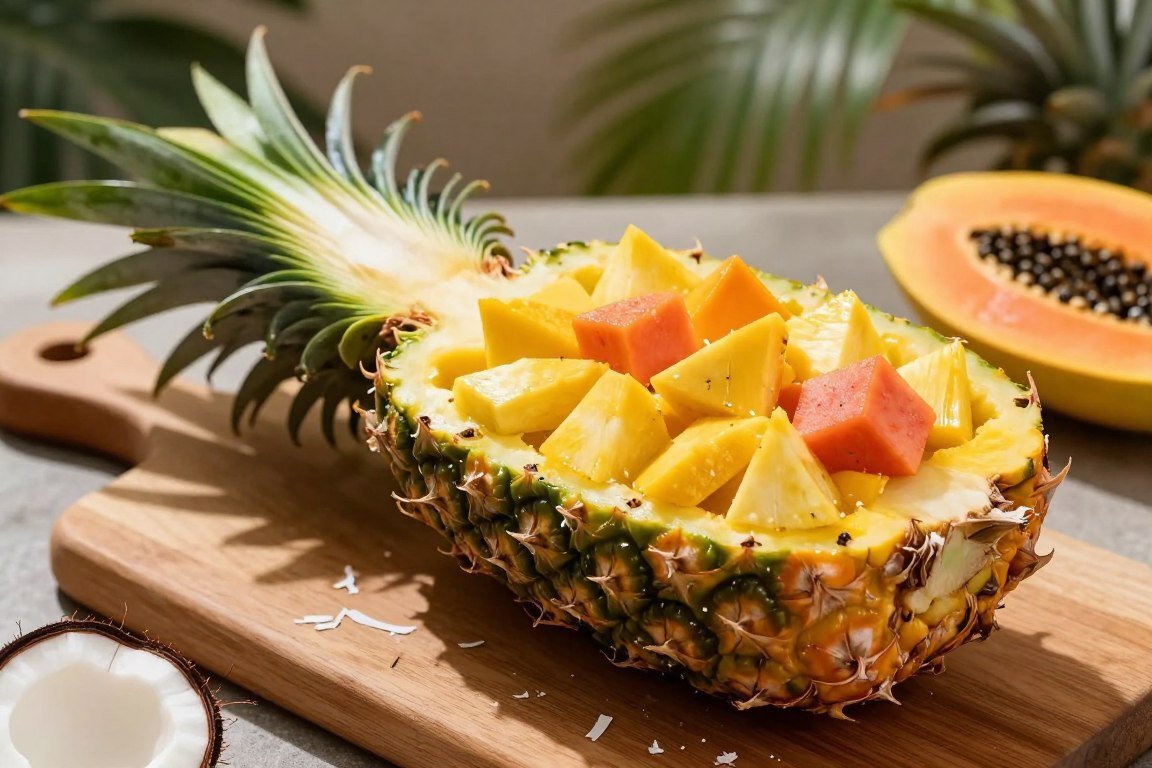 Pineapple boat filled with tropical fruit chunks