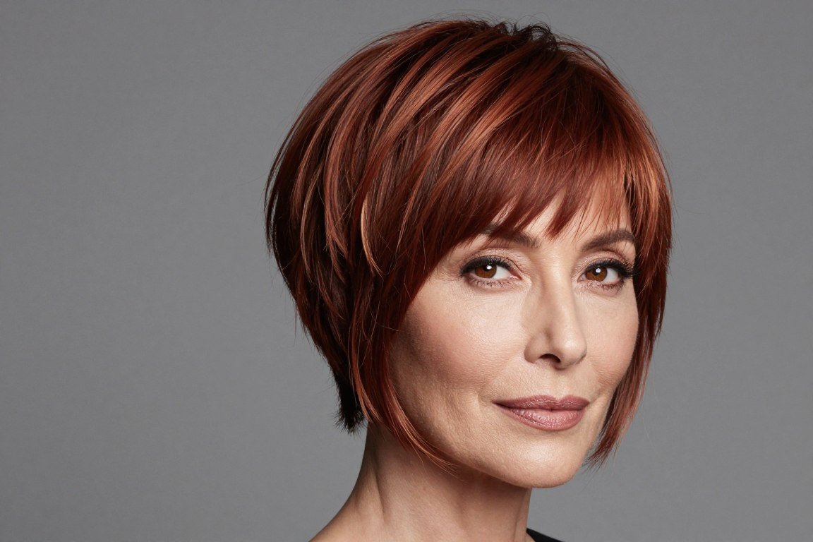 Pixie cut with dramatic long bangs for women over 50