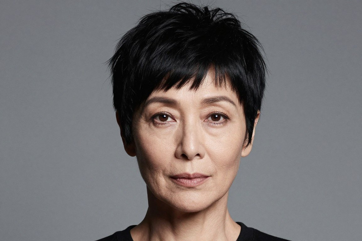 Pixie cut with micro fringe creating modern edge for older women