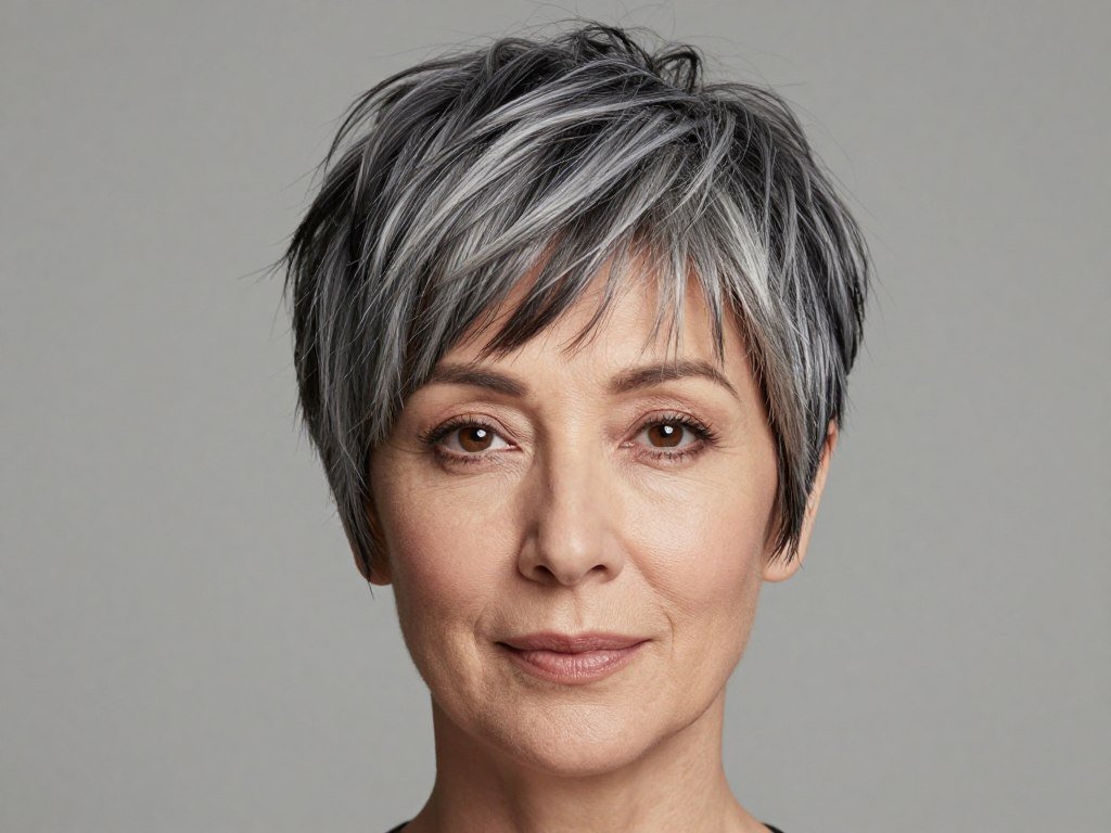Pixie hairstyle with long fringe for mature women
