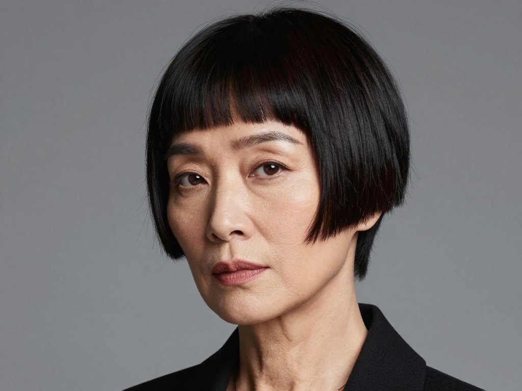 Pixie with blunt bangs for mature women