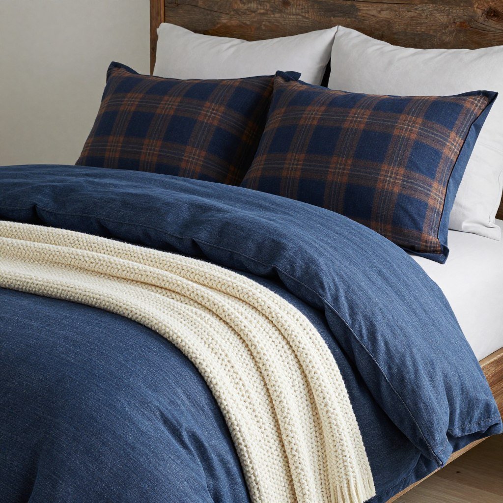 Plaid blue and brown pillows on denim bedding
