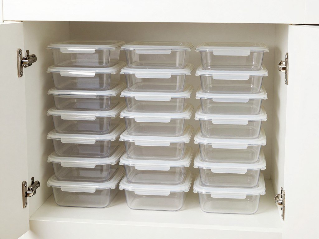 Plastic bins organizing meal prep containers in cabinet