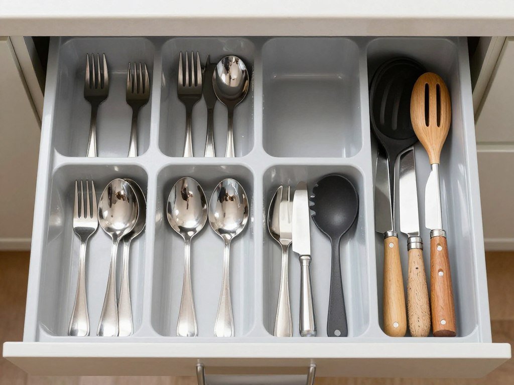 Plastic drawer dividers organizing kitchen utensils in drawer
