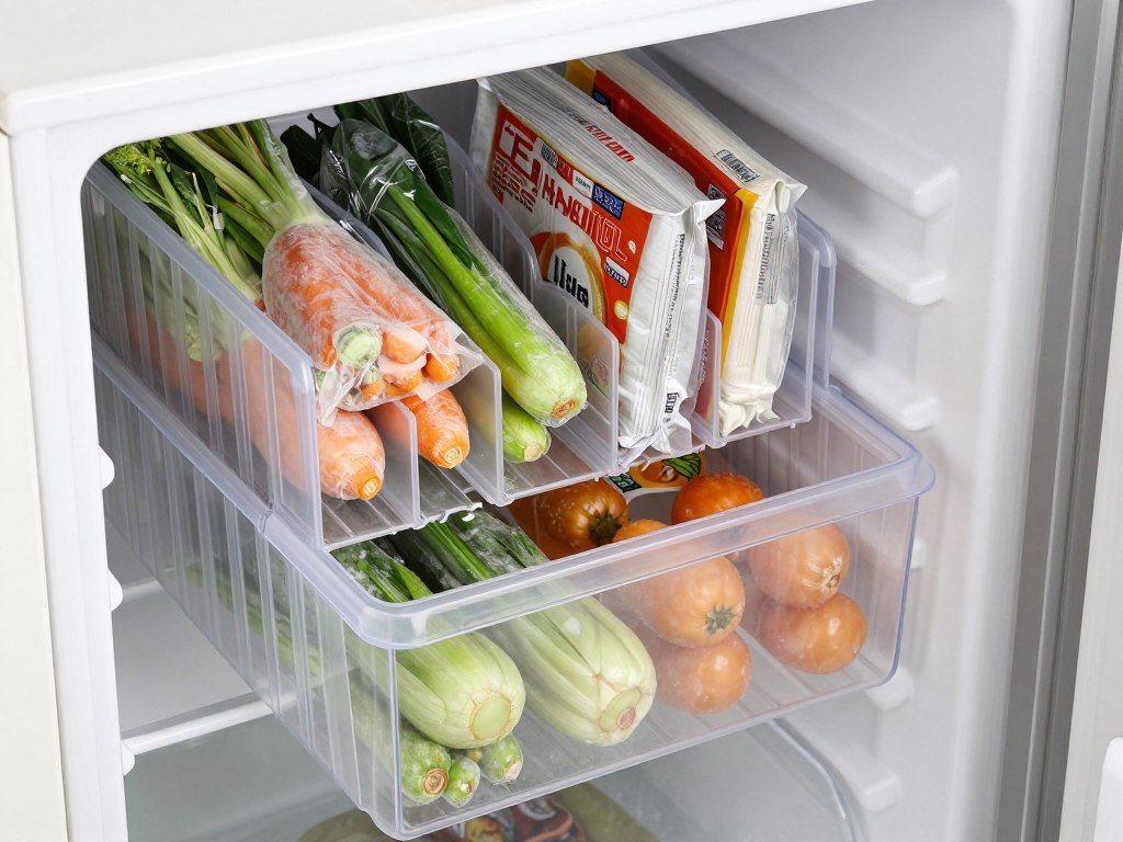 Plastic magazine holders organizing frozen food packages in freezer