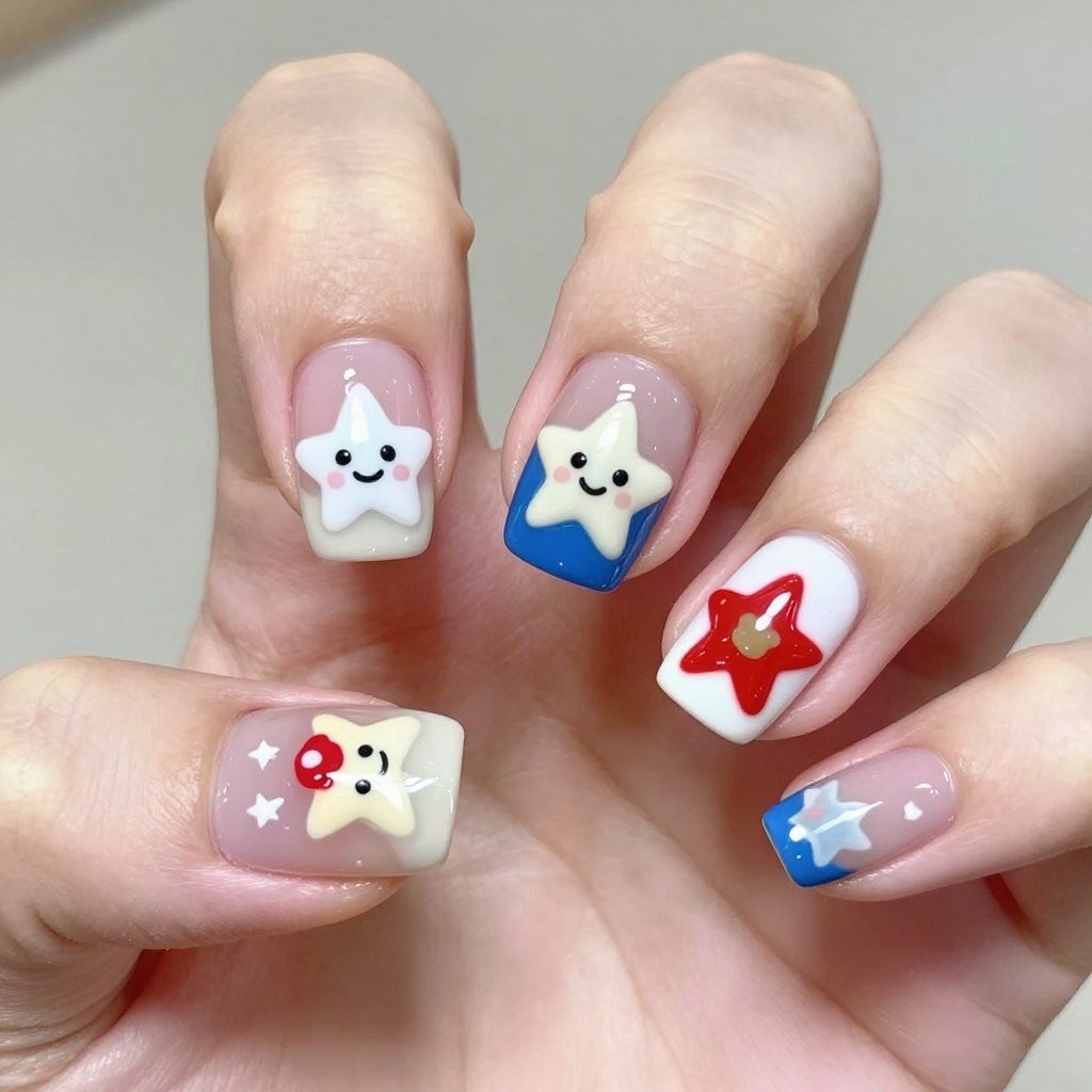 Playful cartoon star characters painted on patriotic nail design