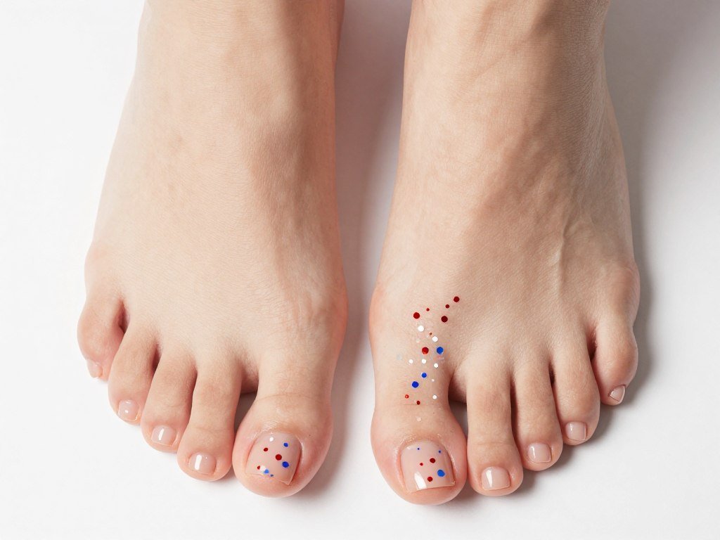 Playful toe nail design with red white blue glitter confetti on clear base color