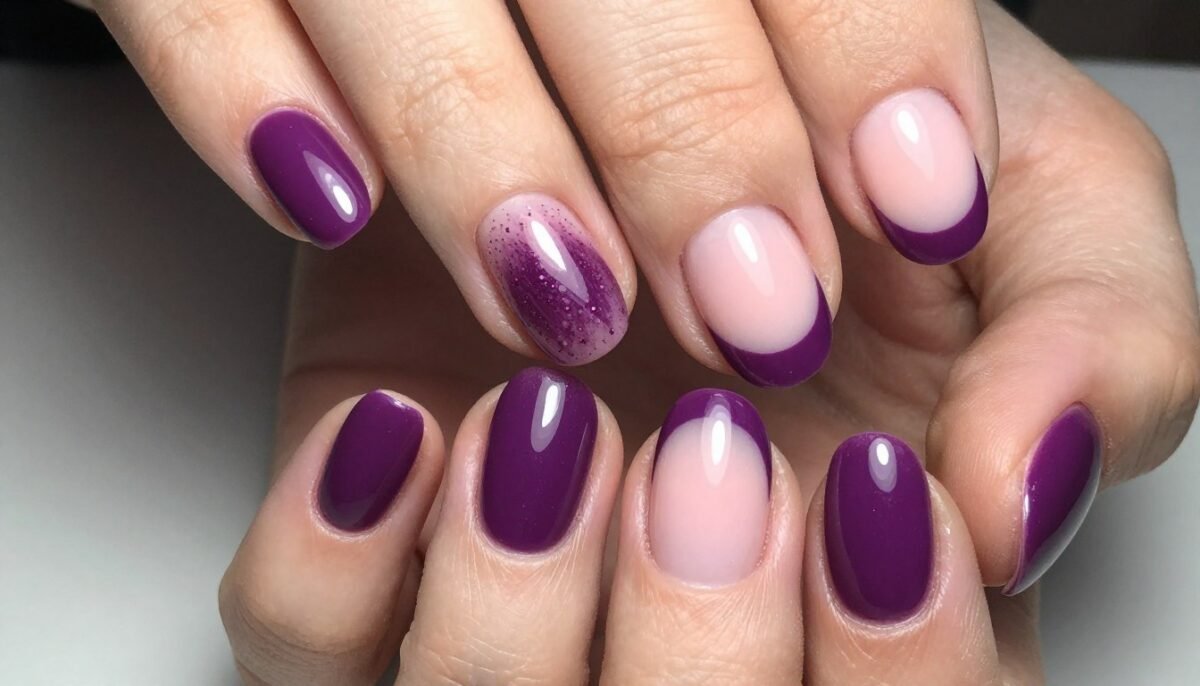 Plum purple French tips on round nails with pink base for fall manicure