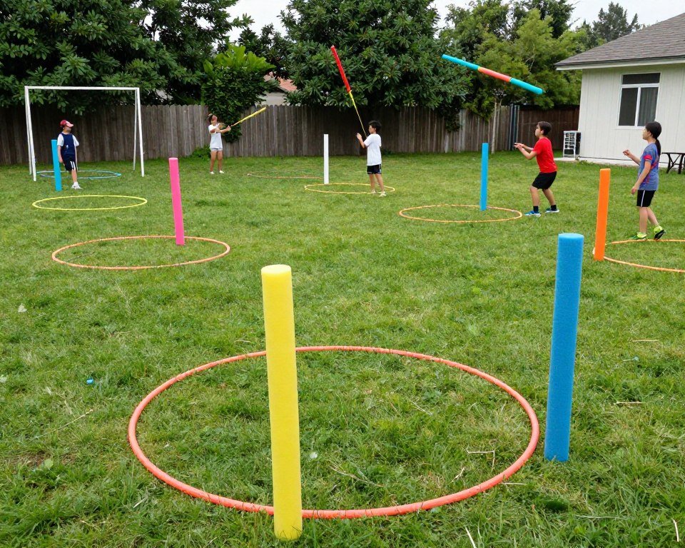 Pool noodle javelin throw game setup with target zones
