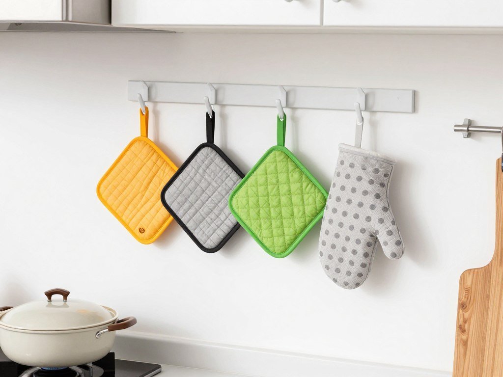 Pot holders and oven mitts hanging from adhesive hooks