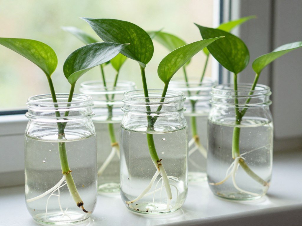 Pothos cuttings developing roots in clear glass jars filled with water on windowsill