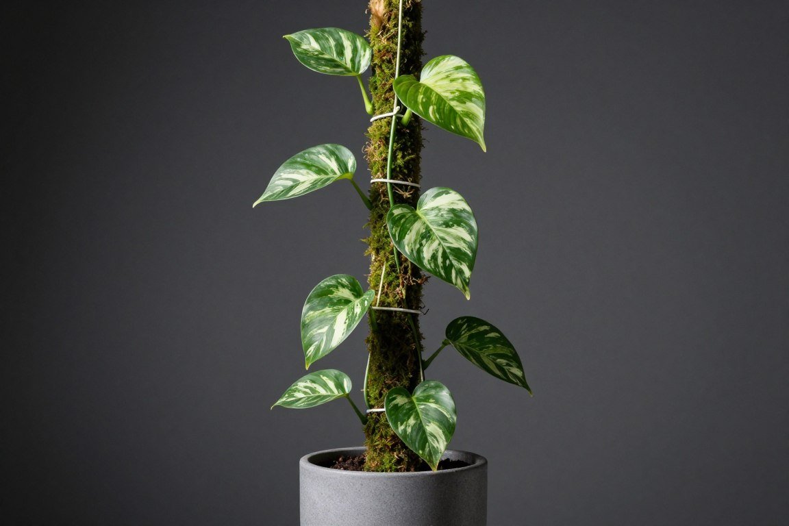 Pothos plant climbing tall moss pole with large mature leaves in modern planter