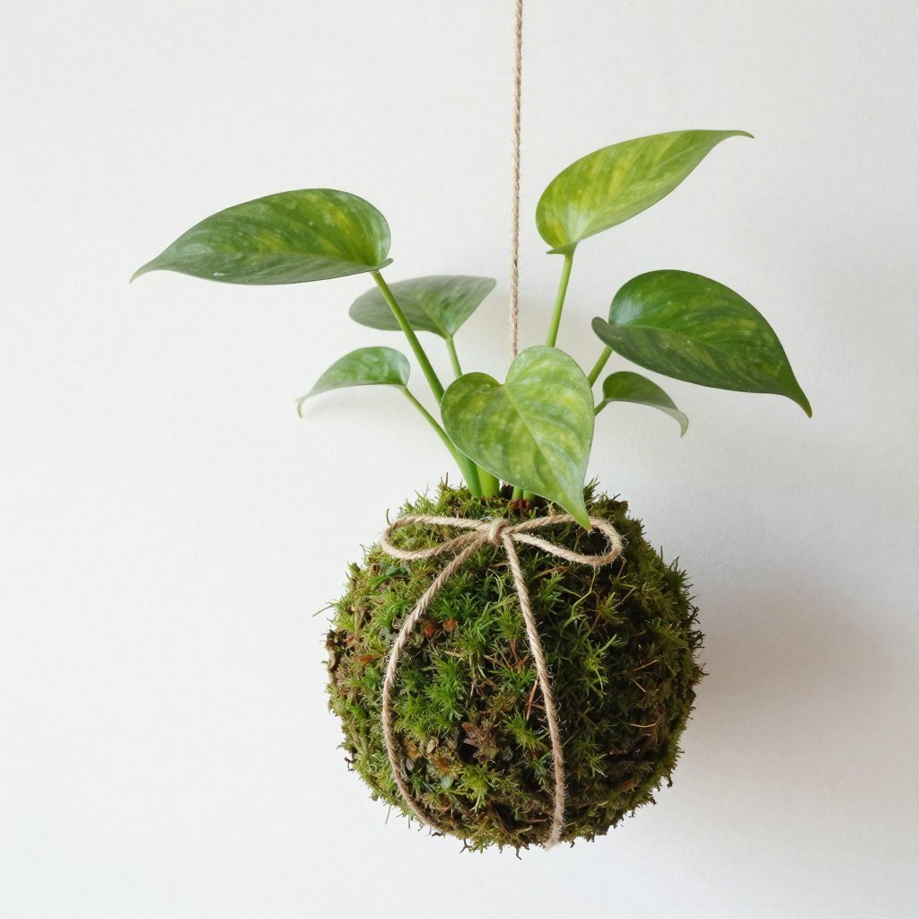 Pothos plant growing in traditional kokedama moss ball suspended by string