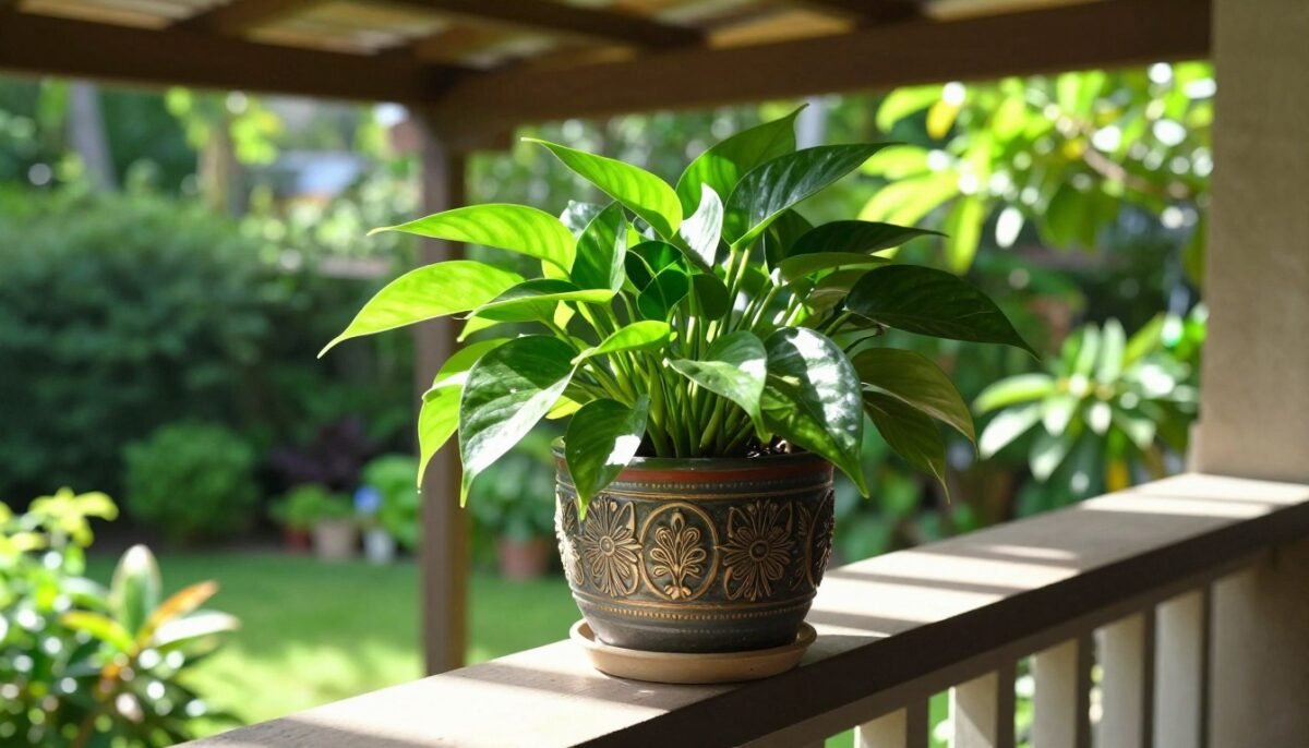 Pothos plant on shaded outdoor patio during summer months