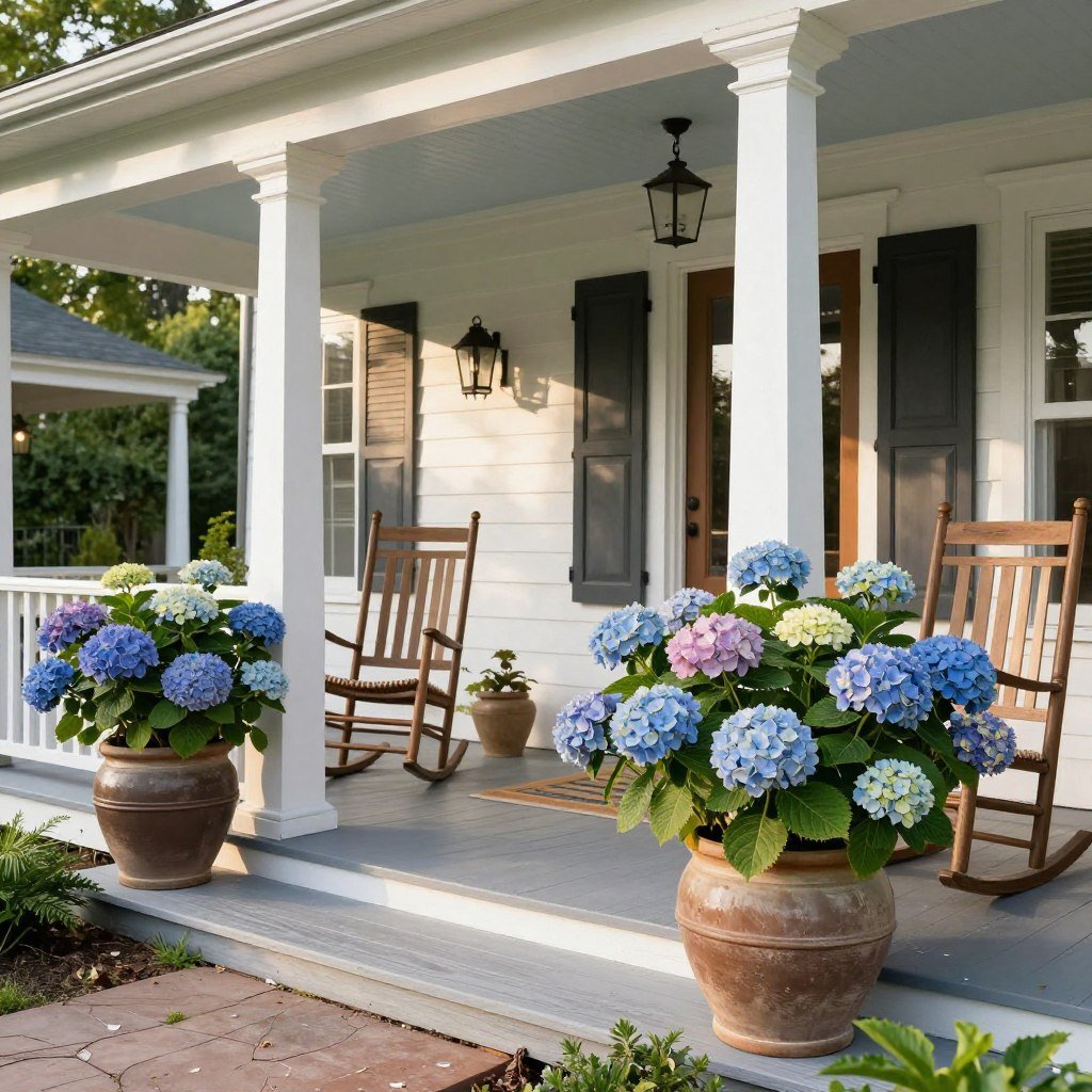 Potted hydrangeas on front porch in decorative containers