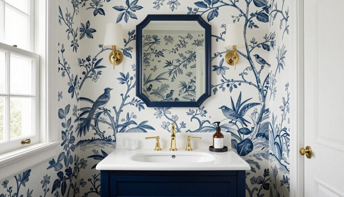 Powder bathroom featuring chinoiserie wallpaper with birds and branches