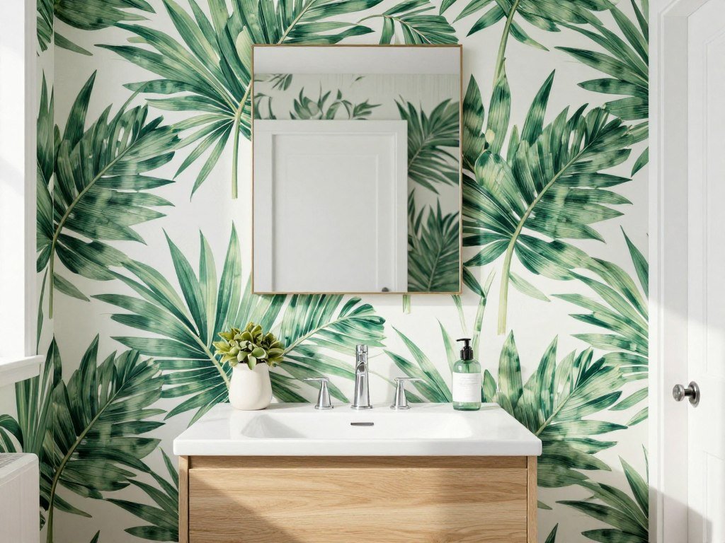 Powder bathroom featuring large-scale tropical leaf wallpaper pattern