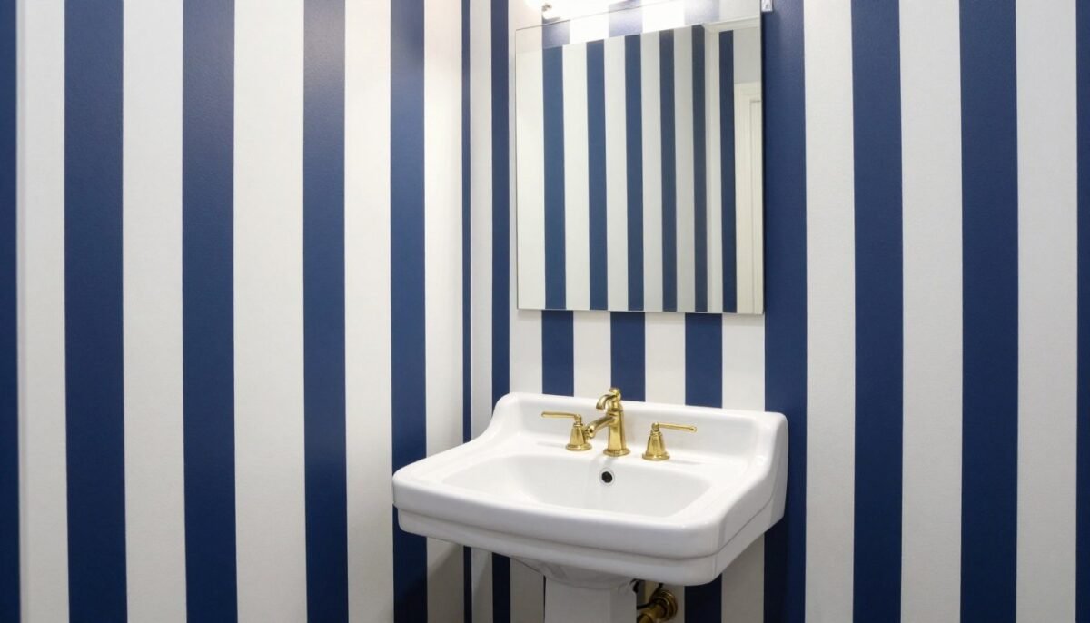 Powder bathroom featuring vertical striped wallpaper creating height illusion