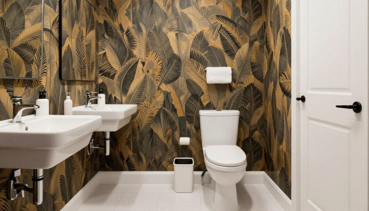 Powder bathroom showing balance between patterned wallpaper and solid fixtures