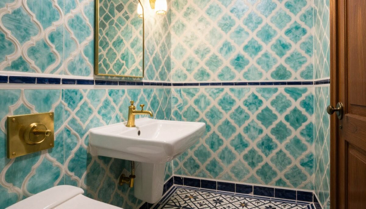 Powder bathroom with Moroccan-inspired geometric wallpaper in blue tones