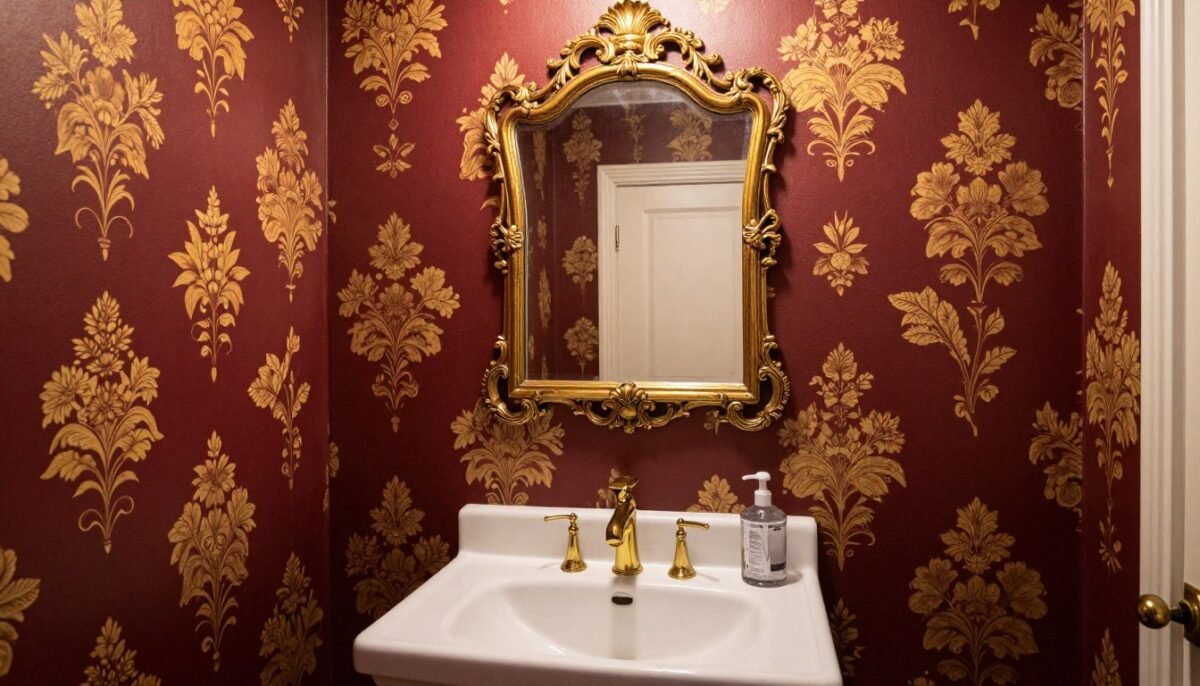 Powder bathroom with Victorian floral wallpaper in burgundy and gold