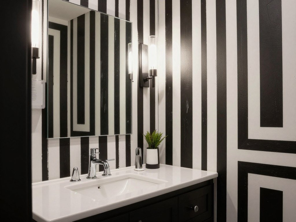 Powder bathroom with bold black and white graphic wallpaper