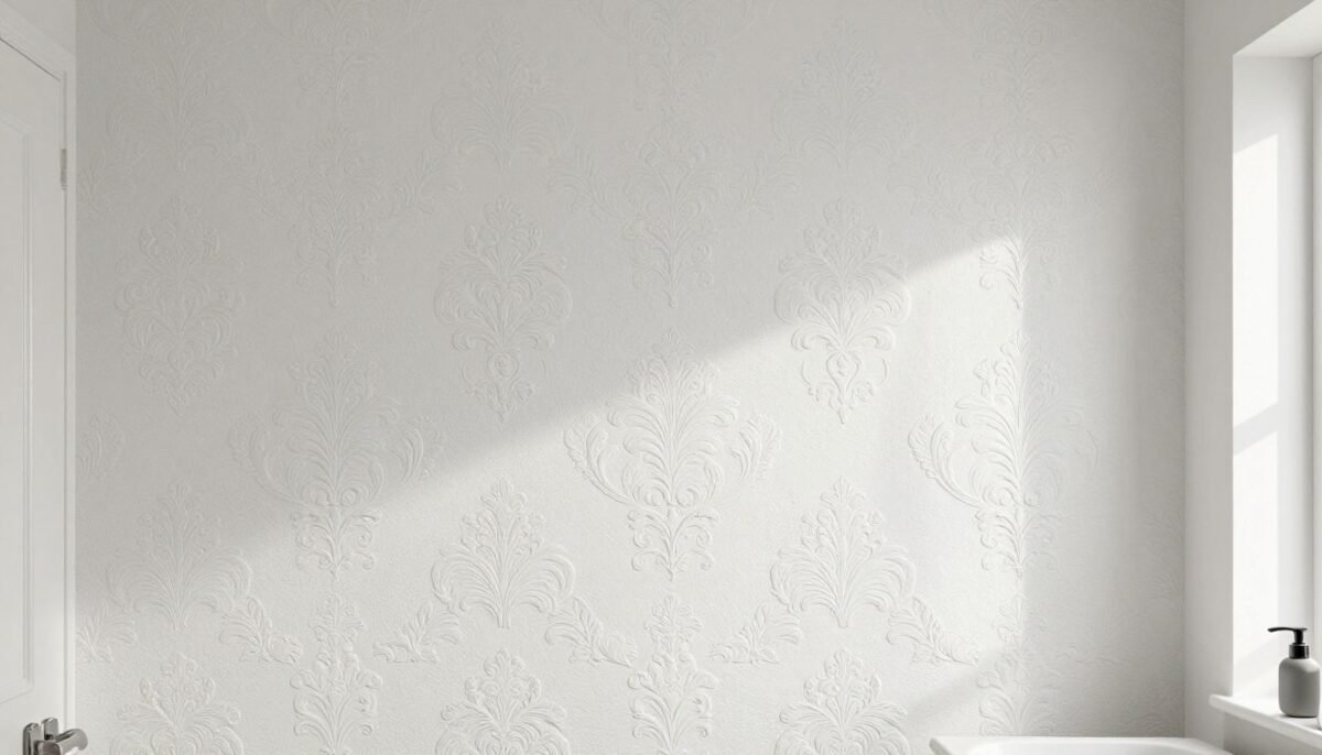 Powder bathroom with embossed wallpaper creating dimensional pattern