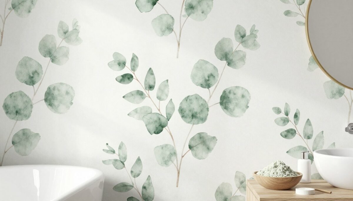 Powder bathroom with eucalyptus botanical wallpaper in sage green tones