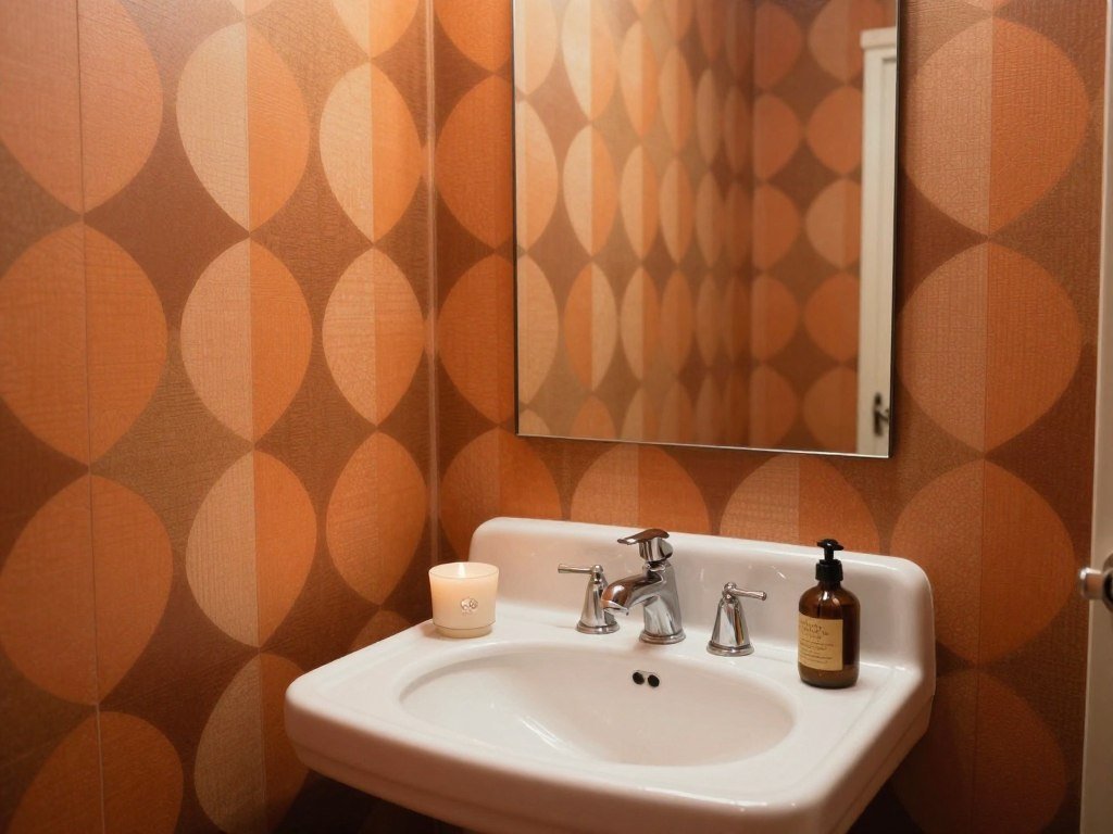 Powder bathroom with retro mid-century modern geometric wallpaper