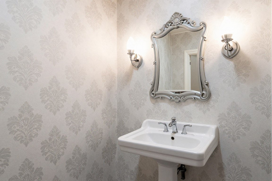 Powder bathroom with traditional damask wallpaper pattern in soft gray tones