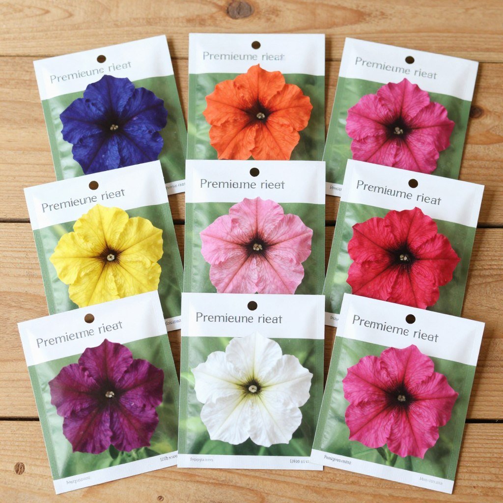 Premium petunia seed collection packets arranged with colorful flower variety photos