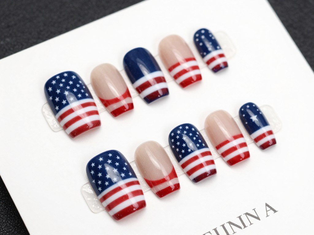 Press-on nail set with detailed American flag design for 4th of July