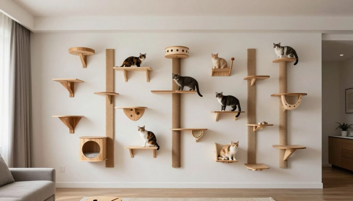 Professional complete cat climbing wall installation in modern living room Professional complete cat climbing wall installation in modern living room