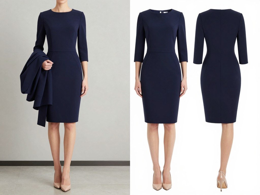 Professional dress outfit with defined waist and appropriate length
