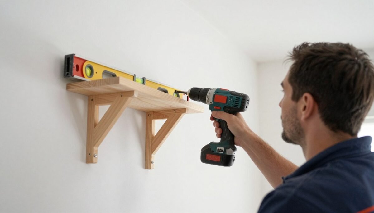 Professional installing cat wall shelf into wall stud Professional installing cat wall shelf into wall stud