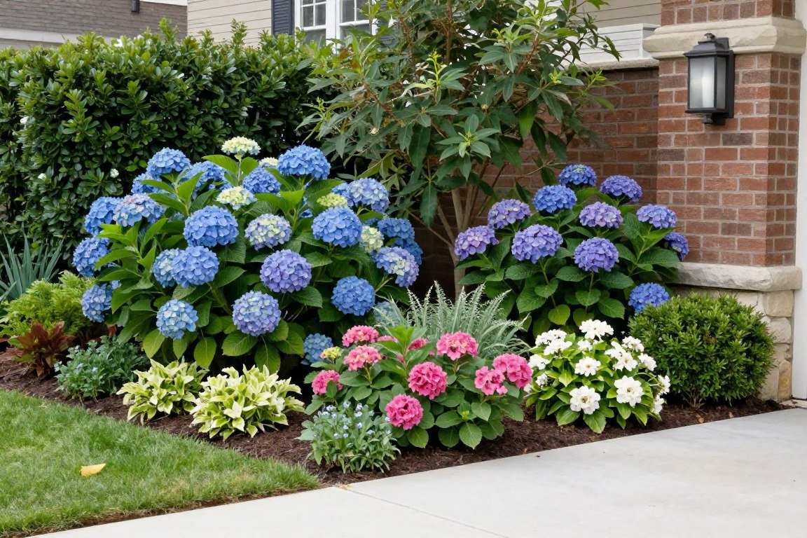 Professional landscape design showing hydrangea color coordination