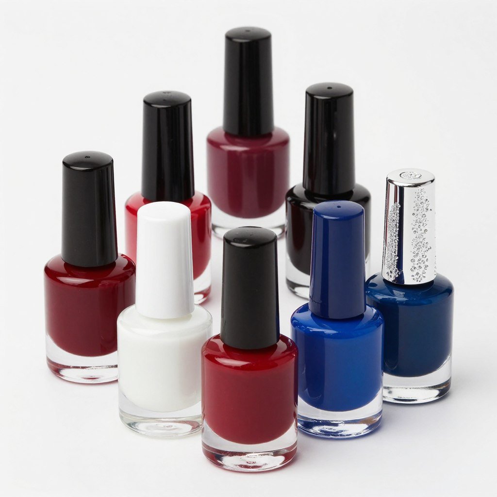 Professional nail polish collection in patriotic red white blue and top coat
