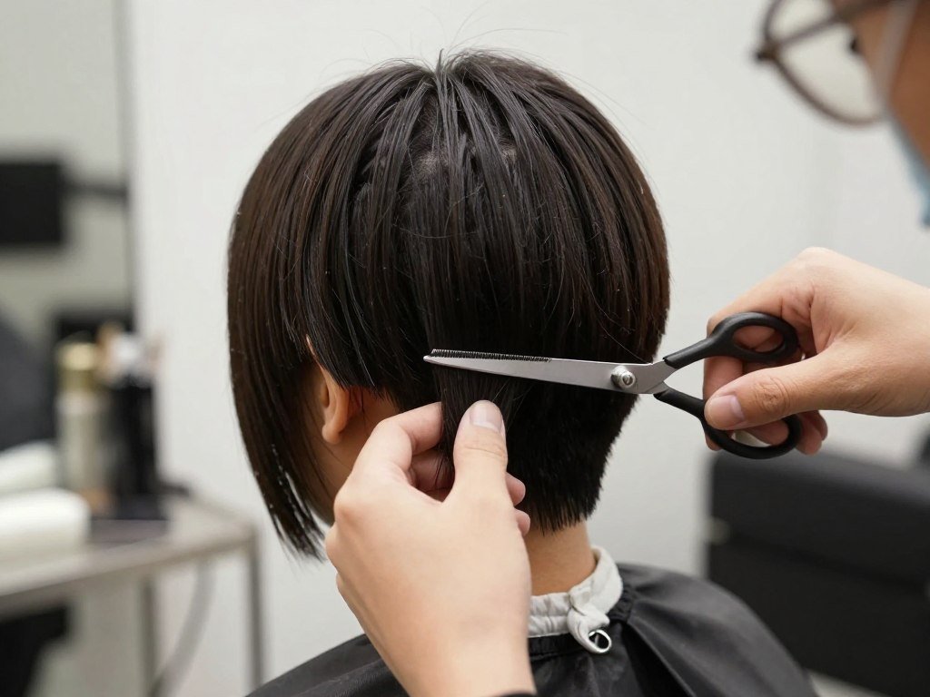 Professional stylist trimming choppy haircut showing proper technique