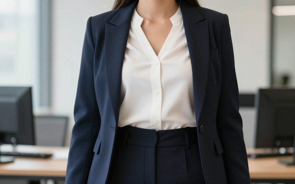 Professional work outfit for broad shoulders and large bust