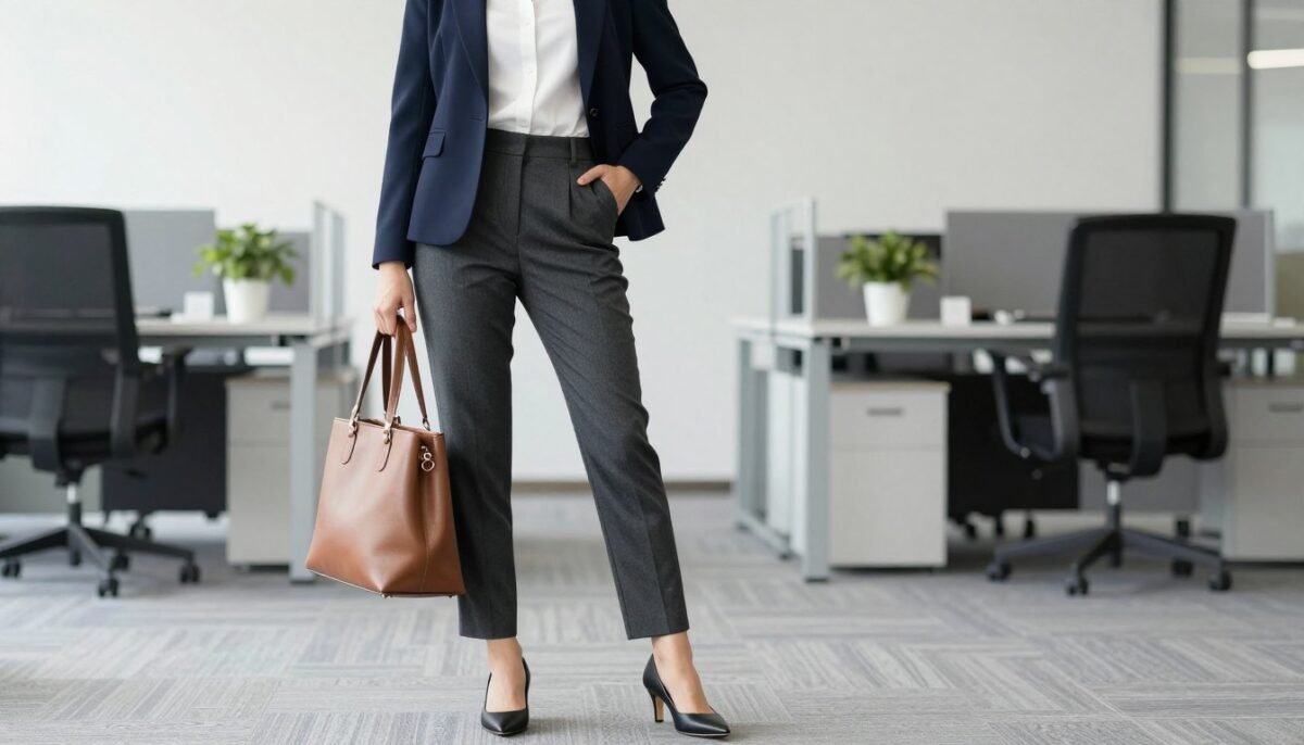 Professional work outfit showing high-waisted trousers with blazer for short torso