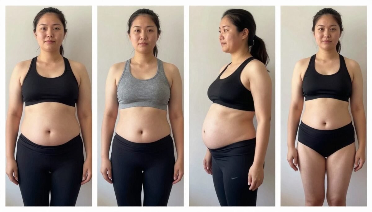 Progressive timeline photos showing postpartum body changes over twelve months
