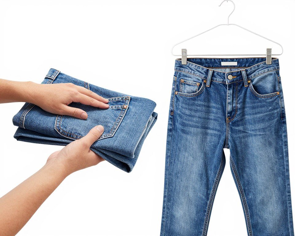 Proper jean care demonstration showing folding and hanging techniques