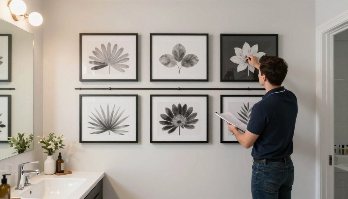 Properly hung bathroom wall art arrangement