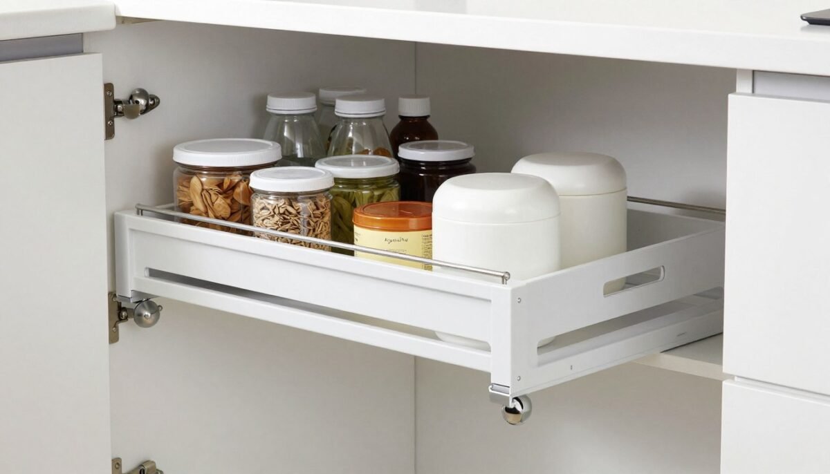 Pull-out sliding shelf system in modern kitchen cabinet with smooth glide mechanism