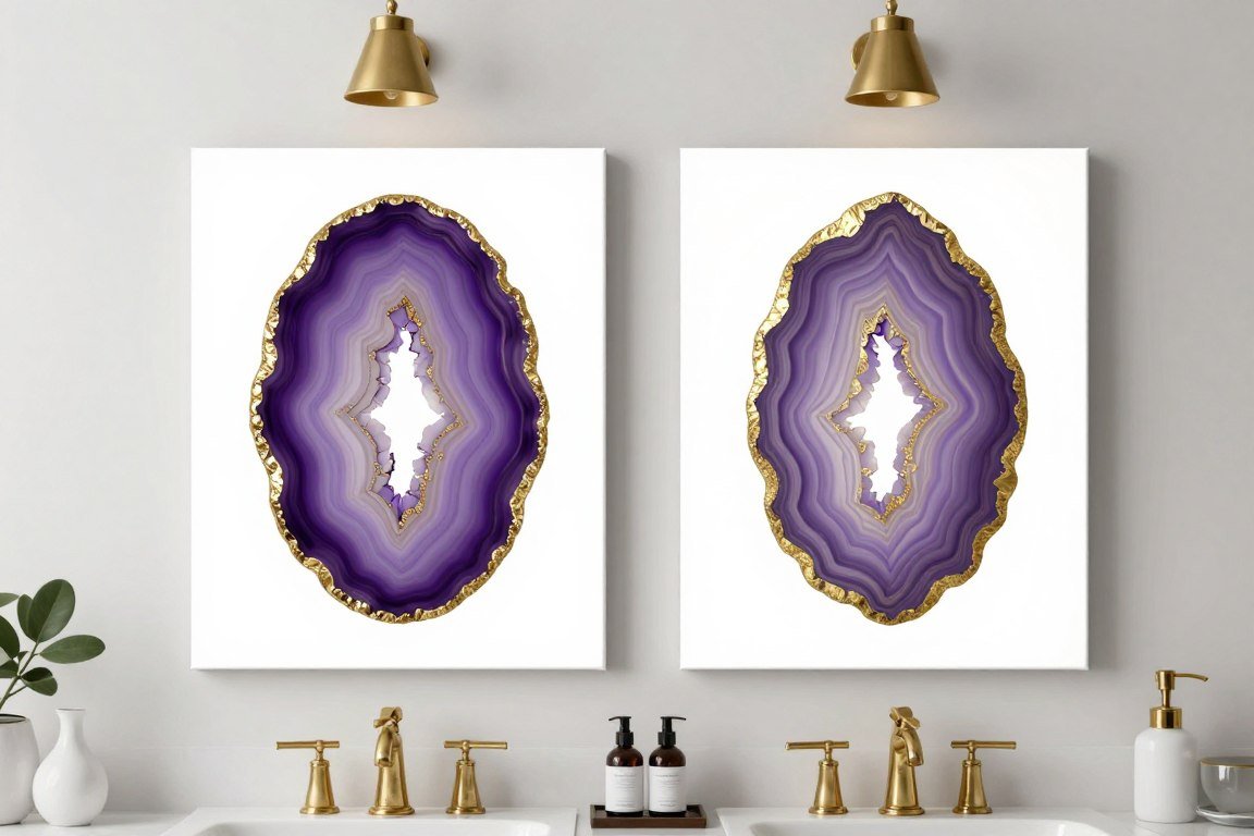Purple agate canvas prints set bathroom
