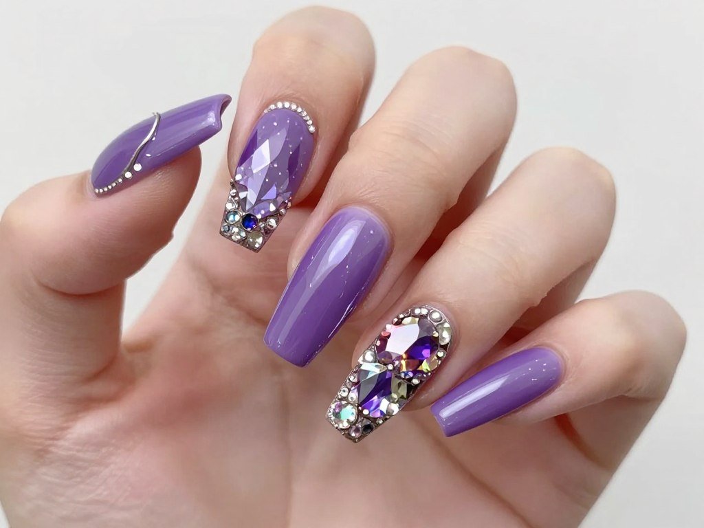 Purple nails decorated with crystal rhinestones