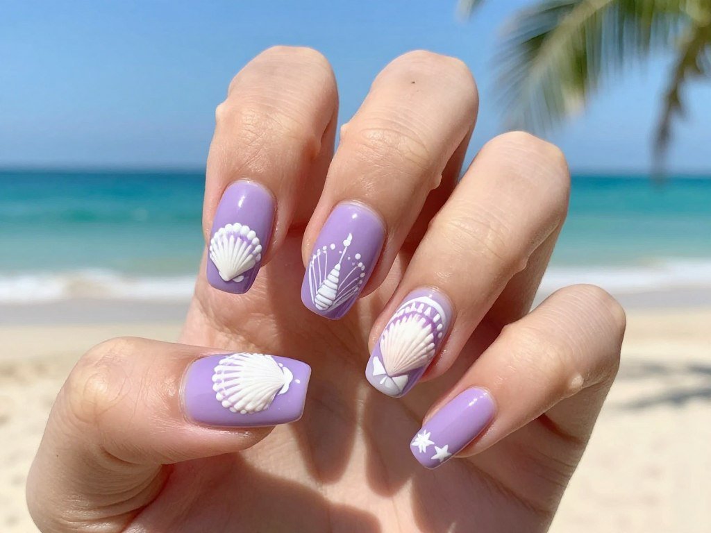 Purple nails decorated with seashell nail art designs