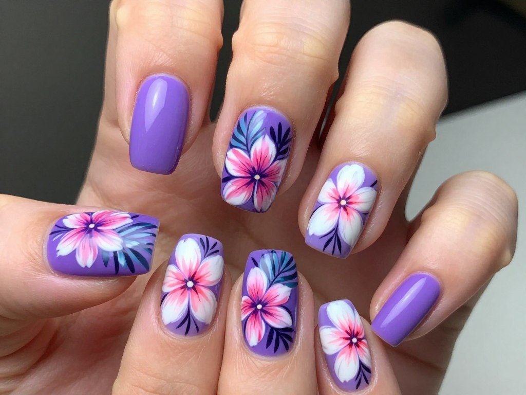 Purple nails with hand-painted tropical flower nail art